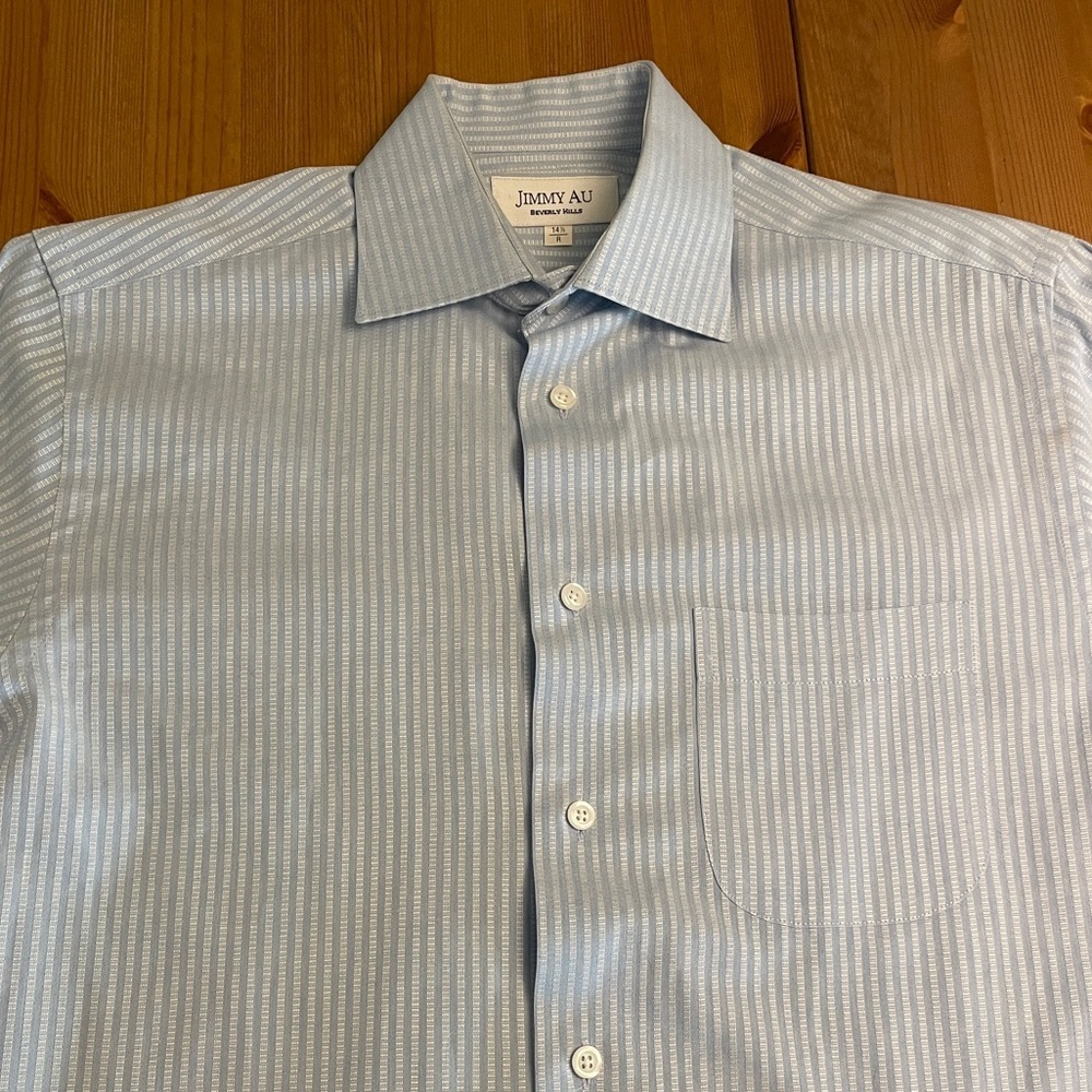 Designer Jimmy Au Beverly Hills 14.5R Blue Striped 100% Cotton Dress Shirt